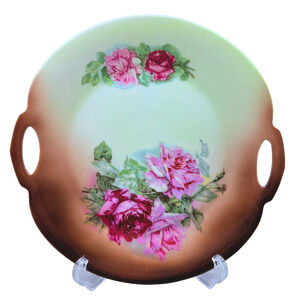Antique Serving Plate Platter 10" with Handles Pink Floral Roses Ceramic Vintage